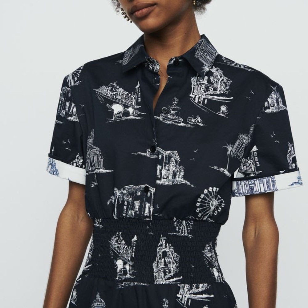 Maje Romila "Paris Under the Palms" Print Midi Shirt Dress